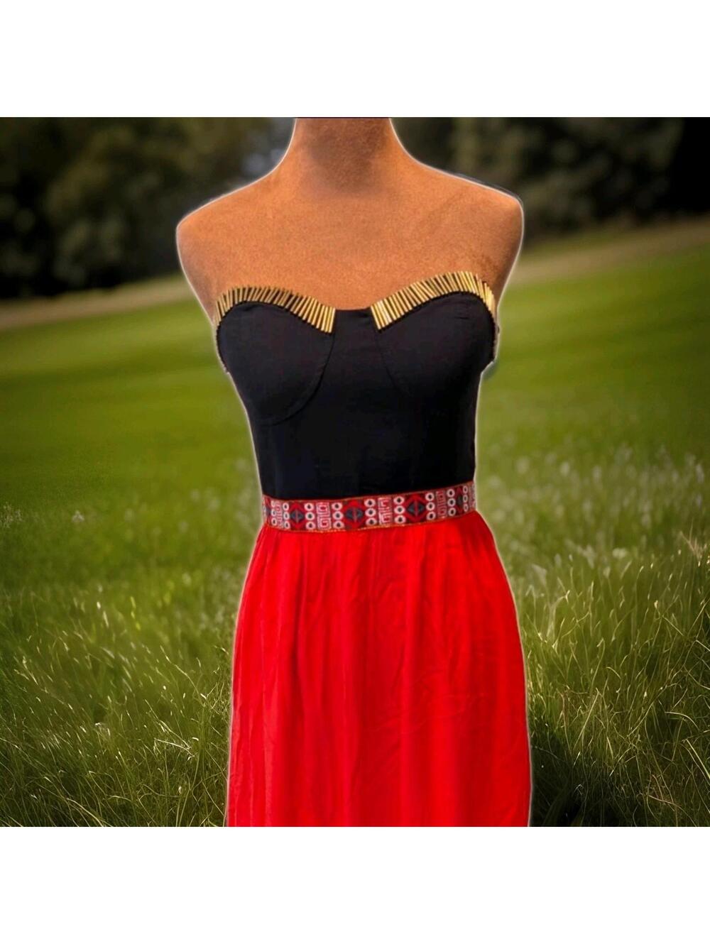 Boho Cochella Marineblu Black Gold Red Strapless Maxi Dress Med 48"L X 26" Waist